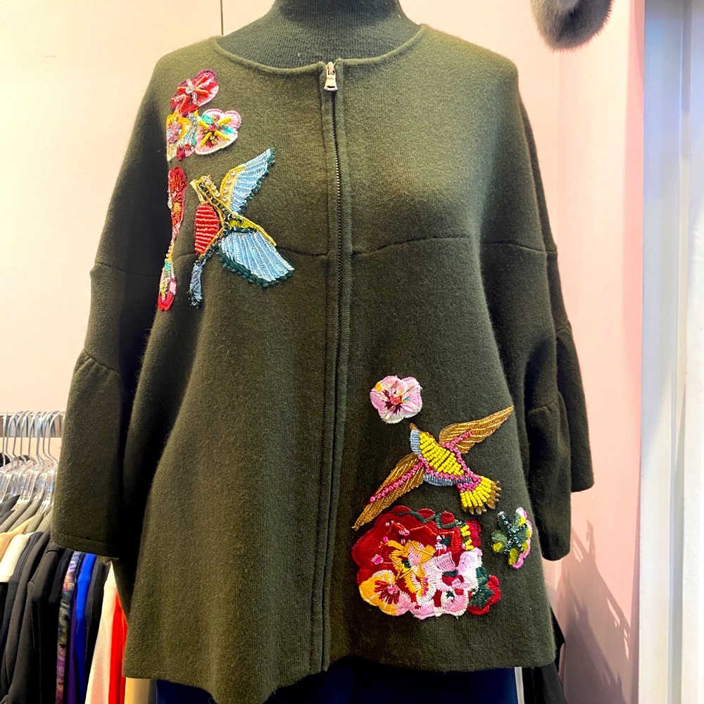 Olive zipper Sweater with garden birds.